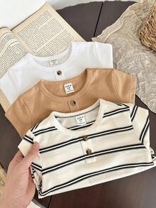 SHEIN LMoss Kids Kids Young Boy 3pcs Knit Solid Color Striped Crew Neck Casual T-Shirt Set - Multicolor - View 5