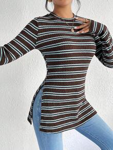 SHEIN Frenchy Solid Split Grain Fabric Round Neck Hem Ribbed Knit Tee - Multicolor - View 3