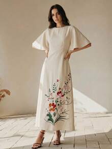 Anewsta 夏季女款圓領短袖重工刺繡杏色長版優雅洋裝，女款優雅洋裝，杏色洋裝 - 杏色 - 查看 4
