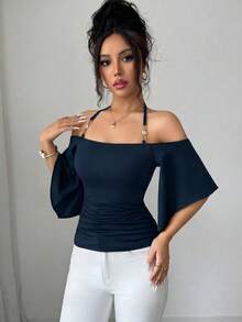 SHEIN Elenzya 女款純色細肩帶背心T恤，露肩短袖簡約優雅修身抓皺上衣，春夏新款，適合日常通勤、音樂節、晚餐、派對、度假，復古百搭 - 藏蓝色 - 查看 4