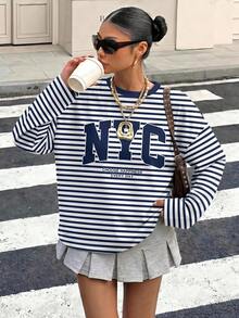 Muchica 休閒極簡風 NYC 條紋印花圓領長袖寬鬆上衣，適合秋季，適合日常通勤、聚會、秋冬春夏、聖誕節、新年、感恩節、派對、婚禮、海灘、畢業典禮、優雅、外出、約會、通勤、情人節、優雅、度假、Y2K、畢業典禮等場合 - 彩色 - 查看 2