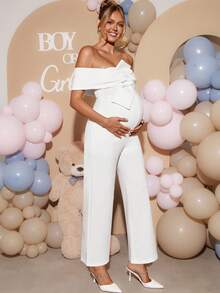 Loomaby Elegant Solid Color Knot Jumpsuit For Pregnant Women Party Dress Gender Reveal Dress Maternity Dress Baby Shower Dress - Apricot - View 11