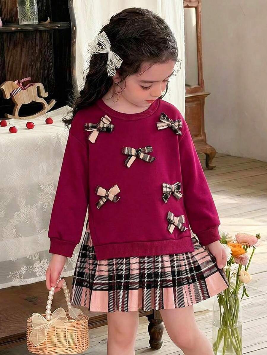 LMoss Kids 女童針織純色圓領秋冬可愛拼色長袖格紋洋裝 - 彩色 - 查看 1