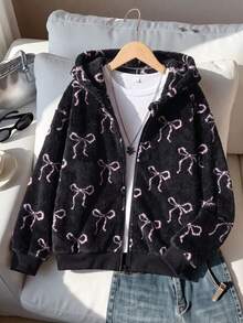 SHEIN 1件少女甜酷風夾克外套，柔軟珊瑚絨面料，全滿版淺粉色蝴蝶結印花，羅紋下擺，寬鬆落肩版型，加厚單件，適合日常穿著、購物、上學、外出，秋冬開學季，隨機發送1件 - 黑色 - 查看 6