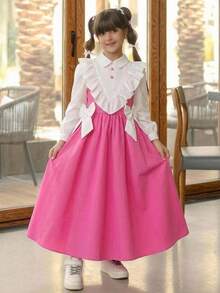 Tween Girl Back To School Dress KIDS Tween Girls Pink Dress, Essential For School Season, Casual Preppy Style, Long Sleeve, Color Block, Exaggerated Ruffle Hem, Soft And Vintage Feel; Double-Breasted Button Decor On Chest, Neat And Exquisite Pink - Pink - View 1