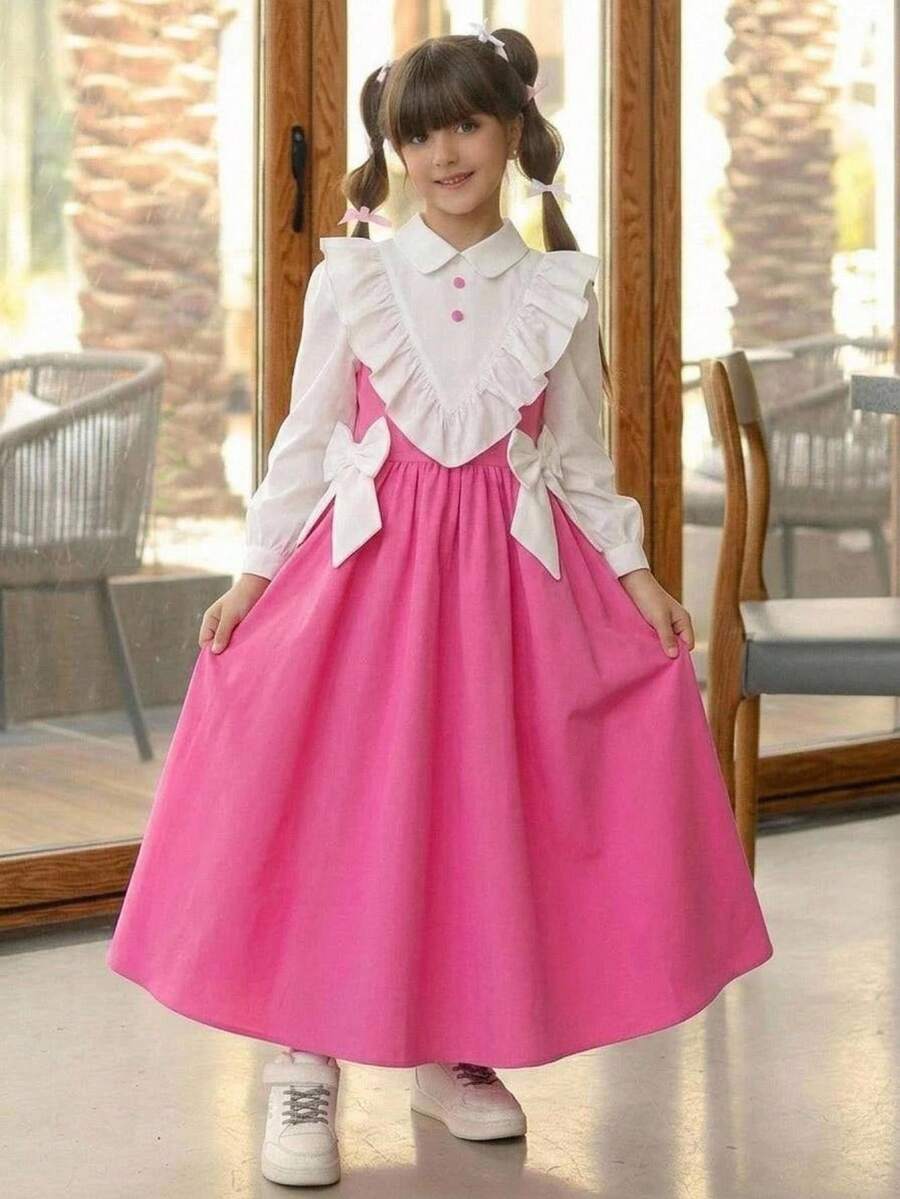 Tween Girl Back To School Dress KIDS Tween Girls Pink Dress, Essential For School Season, Casual Preppy Style, Long Sleeve, Color Block, Exaggerated Ruffle Hem, Soft And Vintage Feel; Double-Breasted Button Decor On Chest, Neat And Exquisite Pink - Pink - View 1
