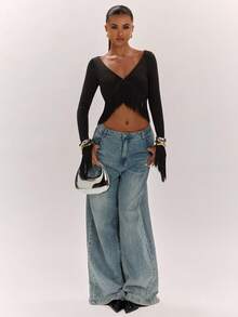 SHEIN BAE Top corto sexy de moda para mujer estilo francés con flecos en el bajo - Negro - Ver 3