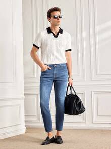 Casual Fashion Versatile Daily Slim Fit Simple Button Men Jeans - Blue - View 2