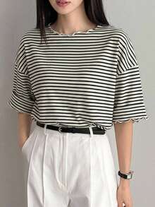 FRIFUL Women's Wavy Striped Loose Contrast Trim Short Sleeve T-Shirt, Summer Casual Wear - Black and White - View 16