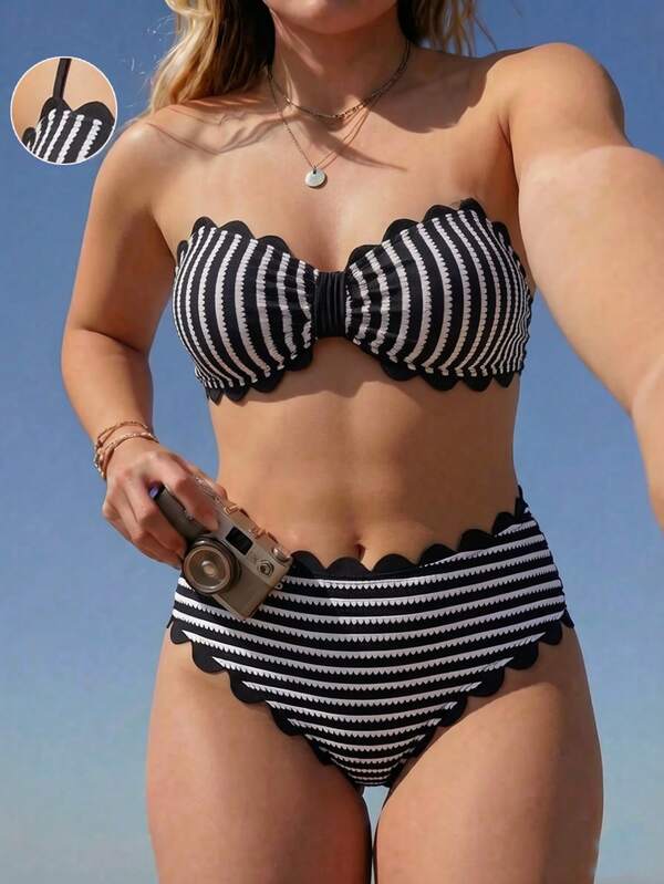 Swim Mod 2026 Spring/Summer Hot-Selling New Special Fabric 2-Piece Swimsuit Set With Adjustable Straps, Removable Padding, Sexy Bandeau Top, Unique Petal Ruffle Design, Solid Color Petal Ruffle Waist And Leg Openings, Triangle Bikini Bottom, Casual Fashion Vacation Beach Swimwear