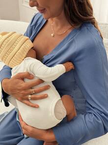 Slowluna 孕婦純色哺乳洋裝開衩設計 - 藍色 - 查看 6