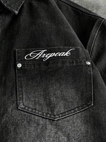 AXEPEAK 男士水洗印花工裝夾克，品牌高級翻領帥氣短袖上衣 - 黑色 - 查看 3