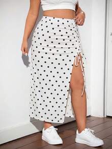 SHEIN ICON 大尺碼女款波點百褶開衩設計休閒日常牛仔裙 - 黑與白 - 查看 3