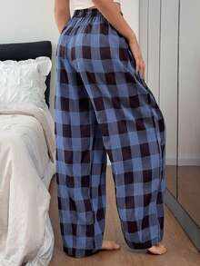 DAZY Women's Casual Plaid Drawstring Waist Loose Long Pants Loungewear Summer Pajamas - Baby Blue - View 2