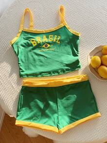 Conjunto de Top Corto y Shorts con Estampado de Letras de Colores de la Bandera de Brasil, Ajuste Slim, Verano - Multicolor - Ver 4
