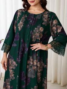 Al Najma Plus Size Women's Floral Print Arabian Dress - Dark Green - View 1