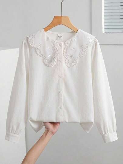 Blusa casual versátil y cómoda para uso diario de adolescente con cuello de volantes y manga larga para otoño/invierno