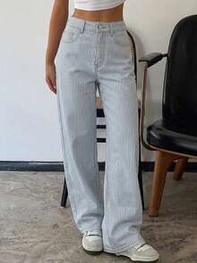 DAZY Casual Washed Striped Straight Leg Denim Jeans - Blue - View 3
