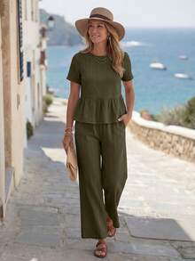 EMERY ROSE Women's Solid Color Textured Ruffle Hem Short Sleeve Top And Casual Pocket Pants Set - Olive Green - View 6