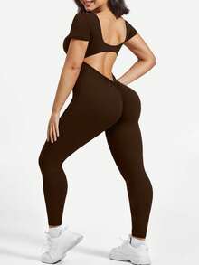 SHEIN Rhythm Era 女款大尺碼純色露背修身運動連身褲 - 棕色 - 查看 6