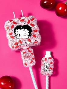 Betty Boop x SHEIN 3件組數據線保護套，適用於充電器，櫻桃印花圖案，充電器保護套（不含數據線） - 玫紅色 - 查看 2