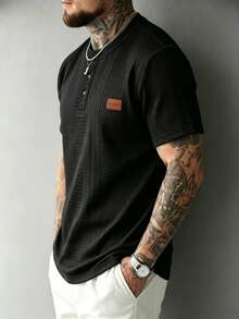 EGENSIO Men's Summer Casual Black Textured Crew Neck T-Shirt - Black - View 3