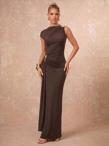 Lumalex Dark Brown Asymmetric One Shoulder Maxi Dress With Hardware Ruched Hip Draped Skirt And Front Slit Luxury Elegant For Party Bar Party Dinner Summer - Brown - View 8