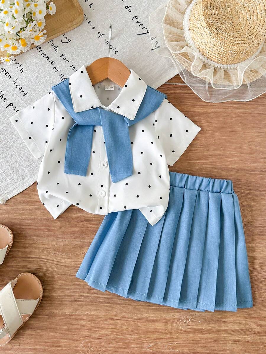 SHEIN Playful Pals 女嬰 3 件組 黑白波點與嬰兒藍上衣 + 罩衫 + 百褶裙 開學季夏季叢林風可愛套裝 - 藍色 - 查看 1