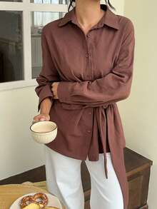Serisse Women's Cotton Waist Tie Casual Elegant Versatile Daily Wear Shirt Teachers' Day Office Brunch Dark Brown Autumn Tie Front Button Up Blouse - Brown - View 9