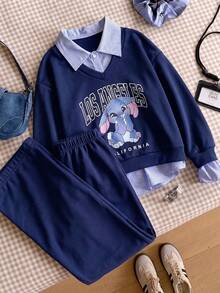 SHEIN Tween Girls Hoodie Fall Outfits 2pcs/Set S Casual Set In Navy Blue, Layered Design. The Top Features A Clever, Fall, Back To School, Minimalist, Loose - Navy Blue - View 3