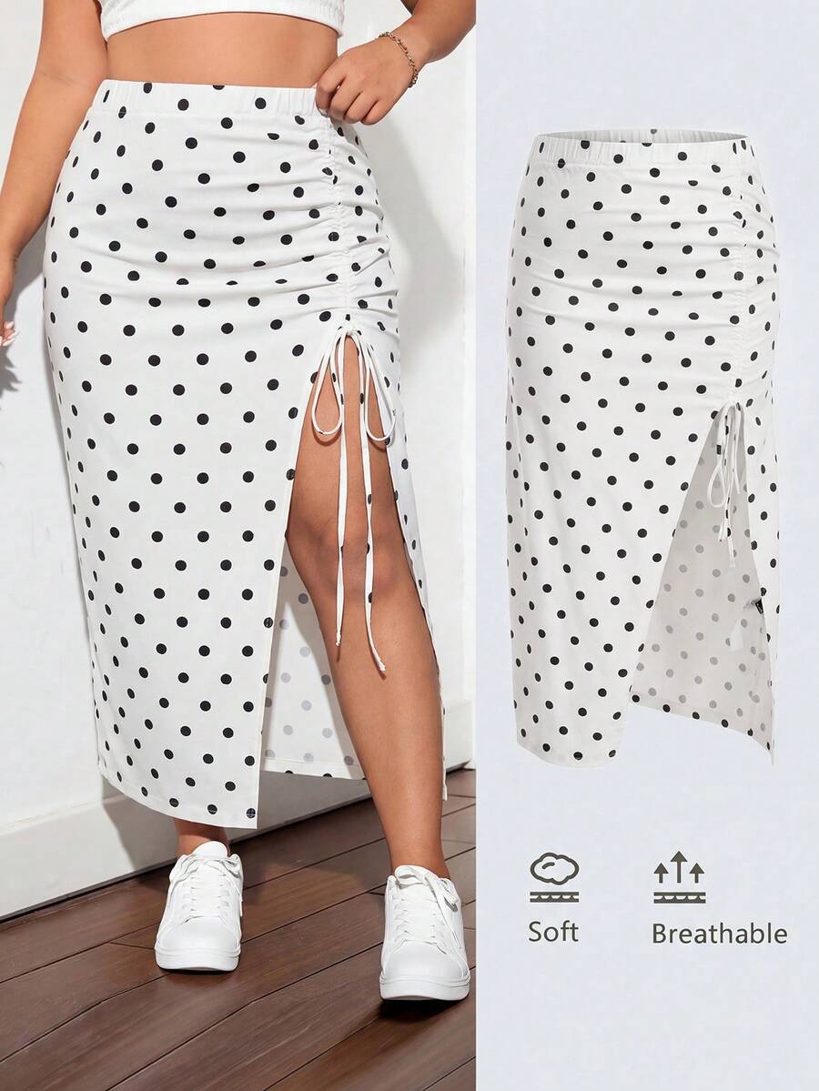 SHEIN ICON 大尺碼女款波點百褶開衩設計休閒日常牛仔裙 - 黑與白 - 查看 1