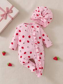SHEIN Vintaside Kids 秋冬新生兒蝴蝶結草莓印花可愛嬰兒連身衣+帽子 - 淺粉色 - 查看 3