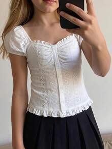 SHEIN 青少年女孩不對稱肩緹花休閒時尚百搭親子上衣 - 白色 - 查看 2