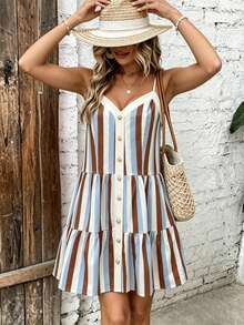 SHEIN Holidaya 休閒、海灘、通勤、浪漫派對、生日、演唱會、情人節及其他場合；女款夏季新款拼色可愛細肩帶度假短裙，荷葉邊裙襬 A 字度假洋裝，印花短洋裝，細肩帶拼色女款度假夏日洋裝 - 彩色 - 查看 5