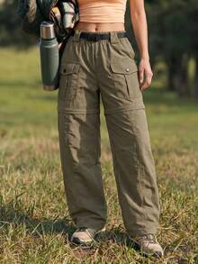 WanderVale Celana Hiking Kasual Serbaguna Wanita Warna Polos untuk Aktivitas Luar Ruangan Sehari-hari - Olive Green - View 2