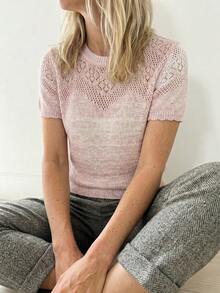 Sprig & Strand Top de punto calado casual para vacaciones de mujer, manga corta, elegante y exquisito, con patrón de bloques de color degradado, ajuste holgado, suéter de punto para primavera y verano - Rosa - Ver 3