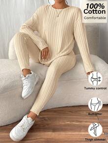 SHEIN Frenchy Drop Shoulder Ribbed Knit Tee & Leggings Textured Fabric Two Pieces - Apricot - View 1