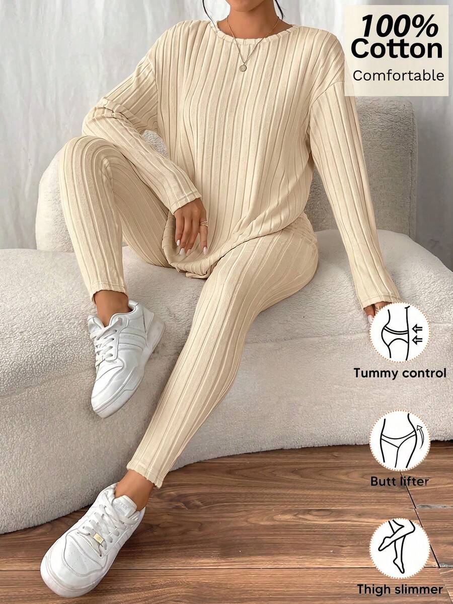 SHEIN Frenchy Drop Shoulder Ribbed Knit Tee & Leggings Textured Fabric Two Pieces - Apricot - View 1