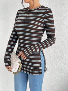 SHEIN Frenchy Solid Split Grain Fabric Round Neck Hem Ribbed Knit Tee - Multicolor - View 5