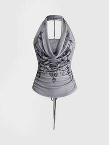 ROMWE Grunge Punk Tank Top Wanita Motif Tengkorak & Salib Perunggu dengan Kerah Berlipat, Model Kerah Kerudung 2 in 1, Gaya Seksi Vintage Y2K, Musim Semi/Panas - Grey - View 1