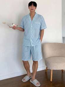 DAZY 夏季藍白格紋短袖襯衫與短褲男士居家休閒套裝睡衣 - 藍白色 - 查看 5
