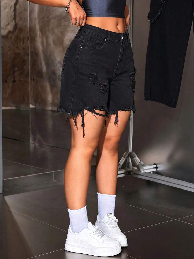 SHEIN ICON شورتات جينز كاجوال يومية للنساء بمقاسات كبيرة مع جيوب وأزرار وتصميم ممزق - الأسود - مشاهدة 5