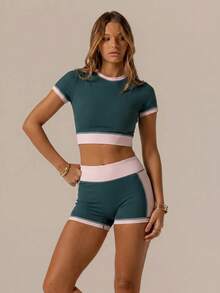 Aralina Women's Cropped Ribbed Crew Neck Contrast Color Tank Top And Shorts Sports Set - Dark Green - View 7