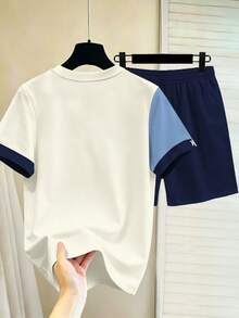 Manfinity Hypemode Men's Casual Color Block Patchwork H Small Logo Icon Short Sleeve T-Shirt, Men's Crew Neck T-Shirt Set, Unisex Versatile Casual Sports Short Sleeve Crew Neck T-Shirt Set - Multicolor - View 2