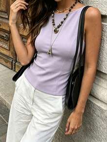 Cévolie 女款純色打結設計極簡性感露背背心 - 淺灰紫 - 查看 7