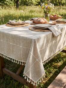 1 件咖啡色方形流苏桌布，质朴亚麻防尘抗皱防褪色桌布，适用于厨房晚餐、餐厅装饰、节日派对晚餐纺织桌布 - 彩色 - 查看 4