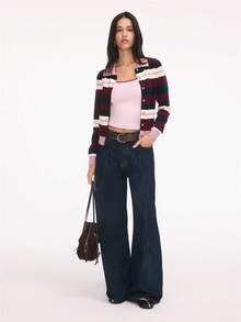 Nöista Striped Knit Cardigan With Collar And Button Front. Fall, Back To School And Everyday Style. - Burgundy - View 7