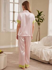 Moireta French Elegant Romantic Lace Patchwork Contrast Color Satin Lapel Front Opening Women's Pajama Set - Baby Pink - View 2