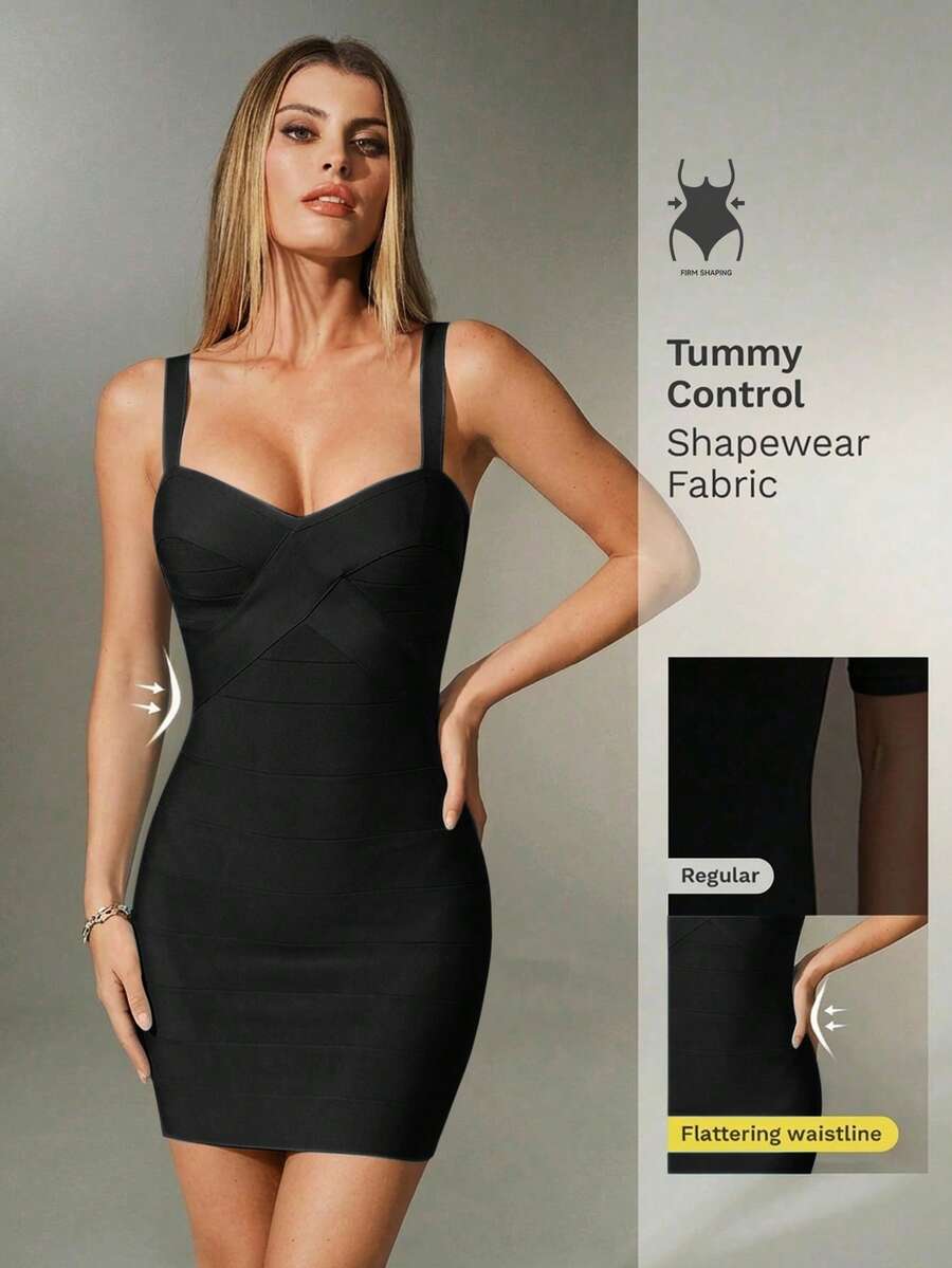 Nuvra Bandage Bodycon Dress, Deep V Neck, Slimming Silhouette, Waist Cinching, Elegant Spring/Summer - Black - View 1