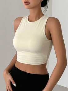 DAZY Women's Sleeveless Solid Color Ruched Back Hollow Out Sports Bra With Padded Cups - Beige - View 5